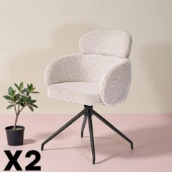 Meubles De Cuisine·Chaises|Chaises Contemporaines|LOMBARDIE Fauteuil de table pivotant beige bouclette (lot de 2)