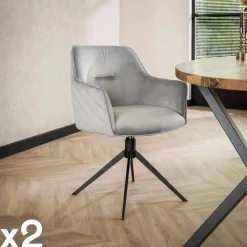 Chaises Avec Accoudoirs|Chaises Contemporaines|Melbourne Fauteuil de table pivotant en velours gris motif damier (lot de 2)
