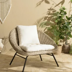 Fauteuils En Rotin|MANY Fauteuil détente en kubu et rotin 2 coussins blancs
