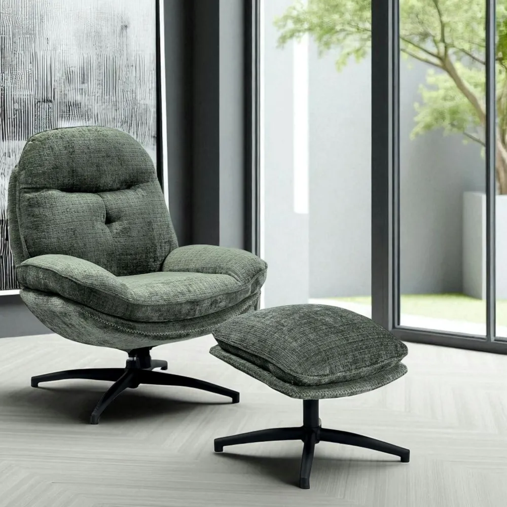 Fauteuils En Tissu|IENA Fauteuil détente vert sapin pivotant avec repose-pieds