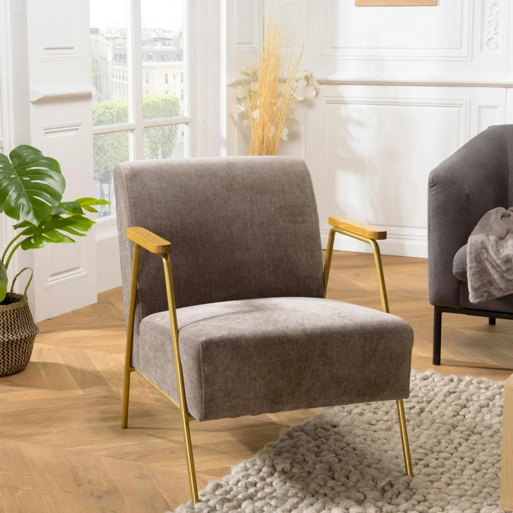 Fauteuils En Tissu|TIM Fauteuil gris foncé en tissu avec accoudoirs bois