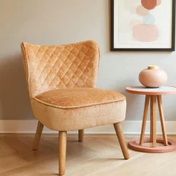Fauteuils En Tissu|IENA Fauteuil moutarde en tissu chenille - pieds bois