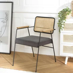 Fauteuils En Rotin|TIM Fauteuil métal dossier rotin assise tissu anthracite