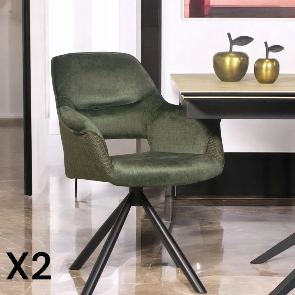Chaises Capitonnées|Chaises Velours|IENA Fauteuil pivotant bi-matière, couleur verte (lot de 2)