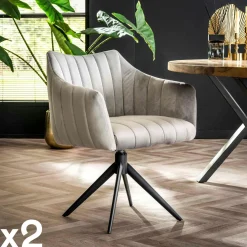 Chaises Avec Accoudoirs|Chaises Contemporaines|Melbourne Fauteuil pivotant de table en velours gris à larges bandes (lot de 2)