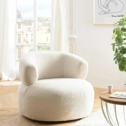 Fauteuils En Tissu|Chaises Bouclettes|TIM Fauteuil pouf tissu bouclette écru