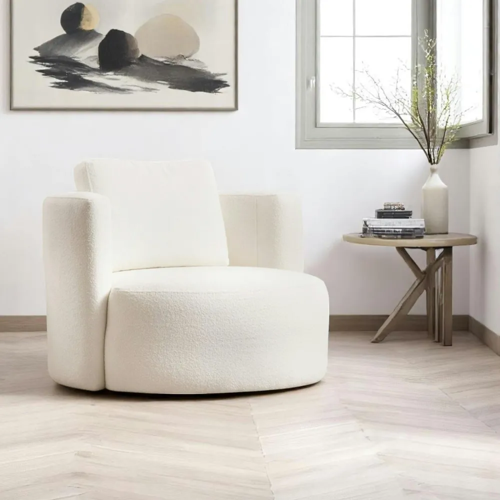 Fauteuils En Tissu|LUCCA Fauteuil rond blanc crème - tissu bouclette