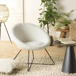 Fauteuils En Tissu|Chaises Bouclettes|TIM Fauteuil rond blanc tissu bouclette