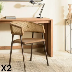 Meubles De Bureau·Fauteuils De Bureau|Chaises Avec Accoudoirs|TIM Fauteuil rotin et cuir havane dossier arrondi (lot de 2)