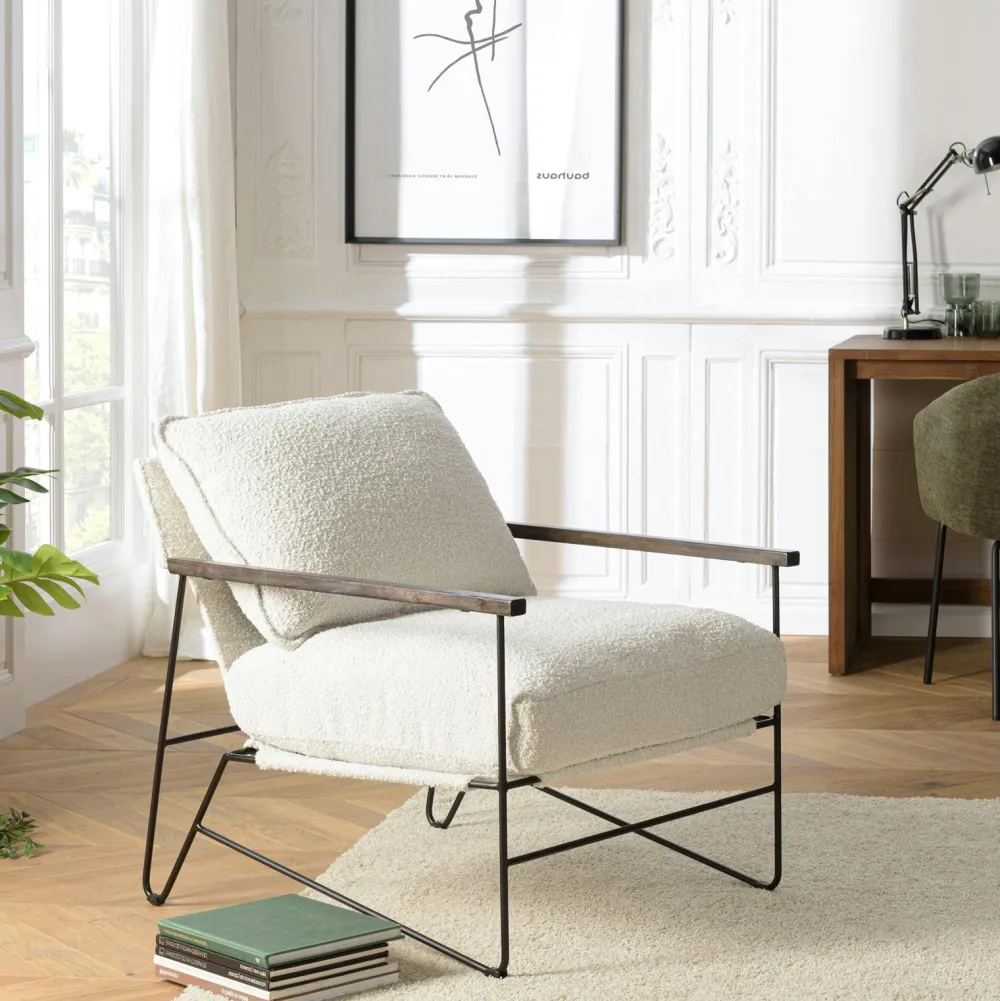 Fauteuils En Tissu|Chaises Bouclettes|TIM Fauteuil structure métal tissu bouclette blanc