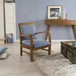 Fauteuils En Tissu|DIKA Fauteuil Teck assise tissu coton bleu motifs traditionnels vagues Seigaiha 61x63x81cm