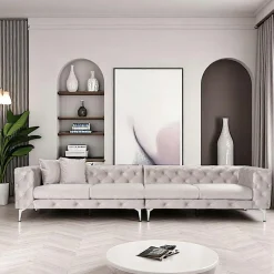 Canapés 3 Places|Canapés En Tissu|DOVER Grand canapé 4 places gris en velours capitonné