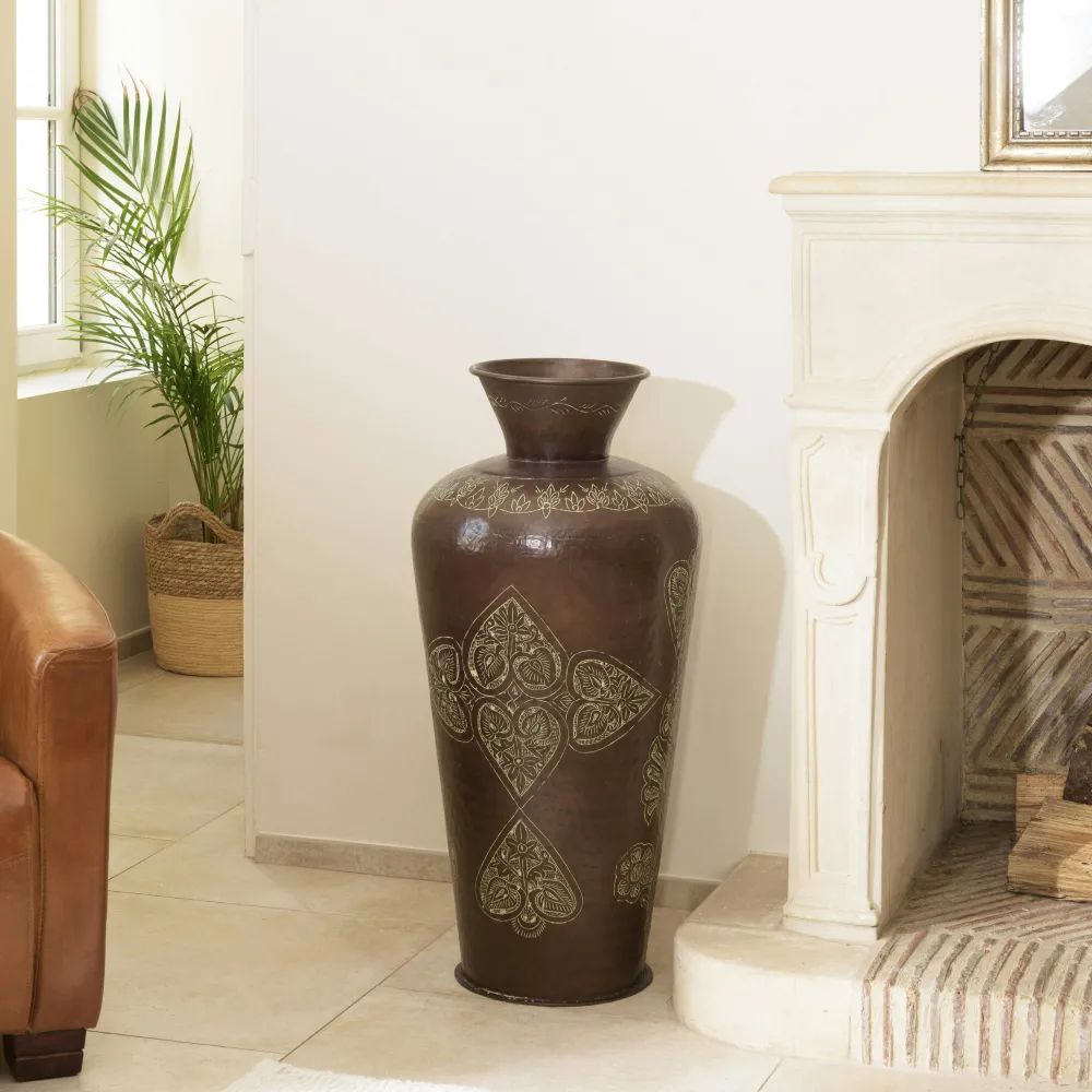 Vases|NADOR Grand vase oriental couleur cuivre foncé patiné motifs dorés H85,5 cm