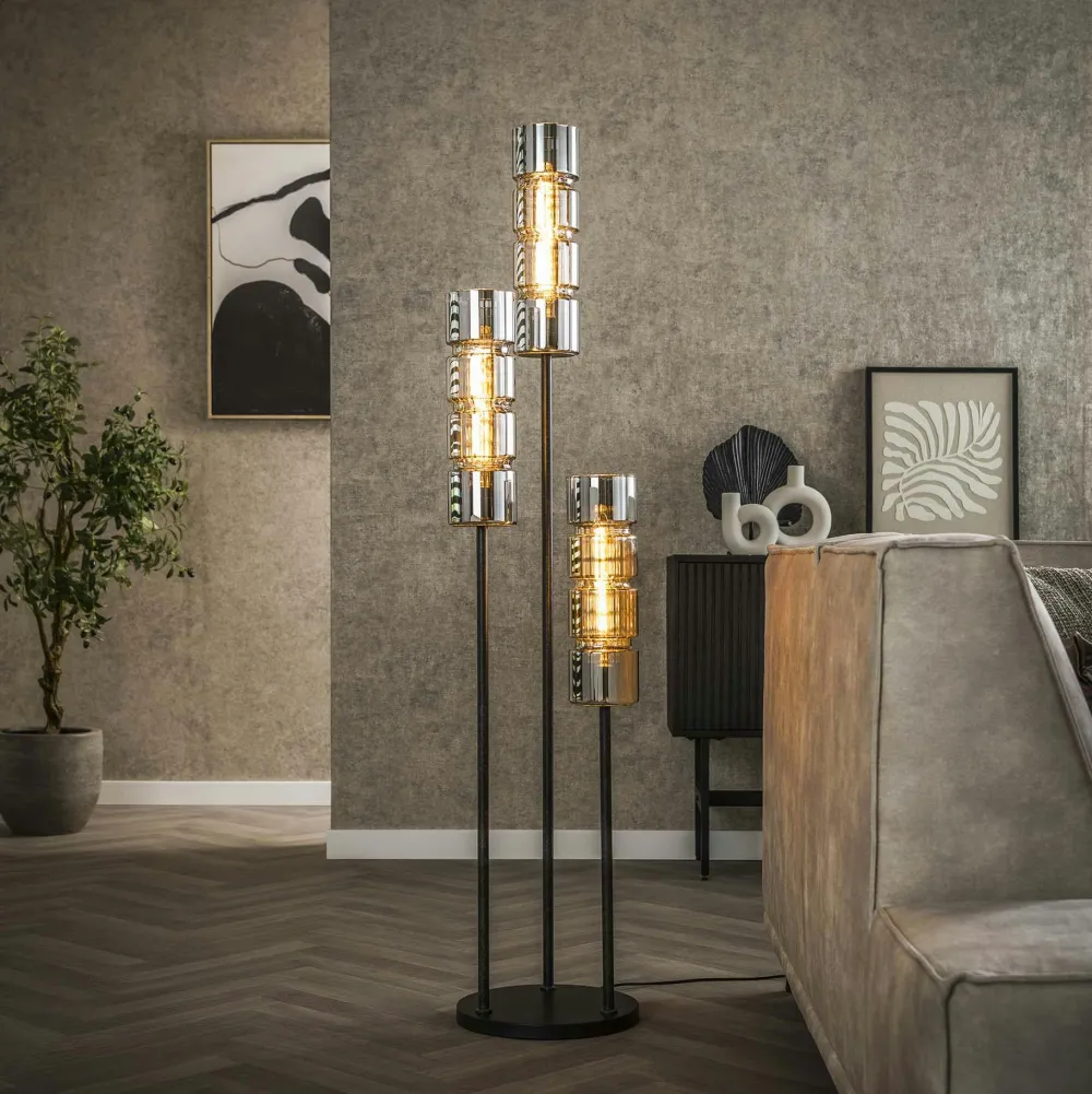 Lampadaires|RALF Lampadaire design en verre chromé, 3 abat-jour cylindriques