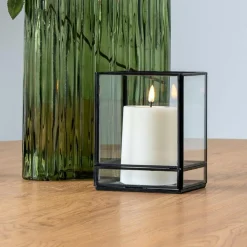 Objets Décoration·Lanternes / Photophores| Lanterne photophore verre et métal noir - style minimaliste, forme cube