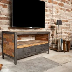 Chiffonnier Industriel|Caravelle Meuble de rangement bois recyclé 1 niche et 2 tiroirs métal 60x40x110cm