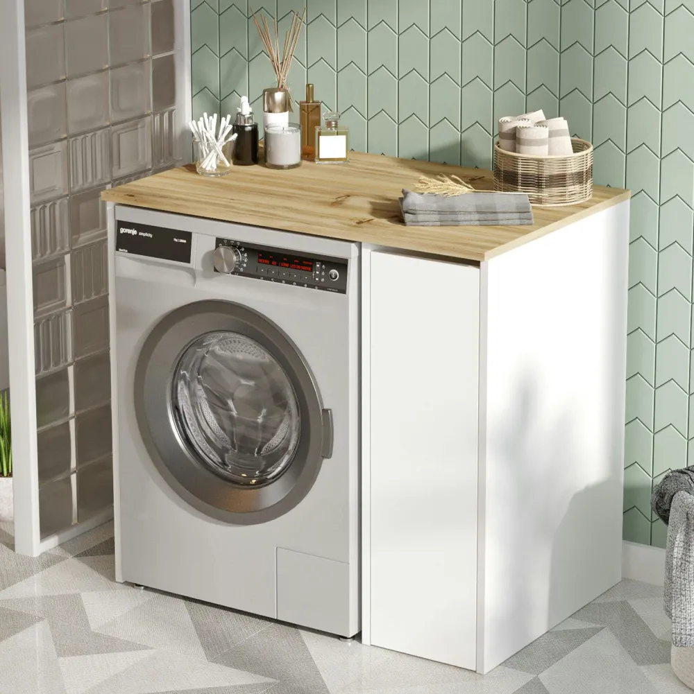 Meubles De Salle De Bains·Rangement Salle De Bains|MARFA Meuble pour lave-linge 1 tiroir, blanc & bois clair