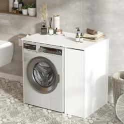 Meubles De Salle De Bains·Rangement Salle De Bains|MARFA Meuble pour lave-linge 1 tiroir, blanc & bois clair