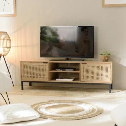 Meubles Tv En Bois|PALMA Meuble TV 147 cm 2 portes cannage rotin naturel