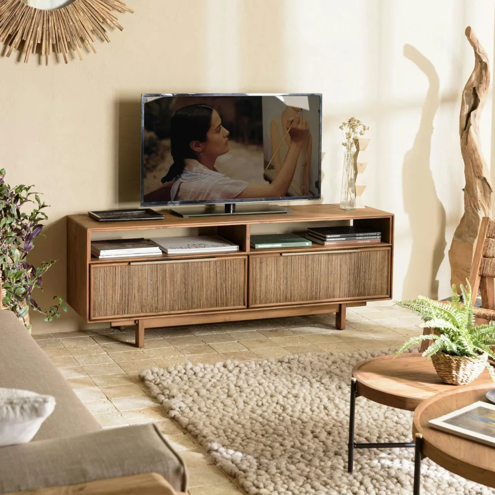 Meubles Tv En Bois|Swing Meuble TV 180 cm en teck recycle 2 tiroirs fibre de coco