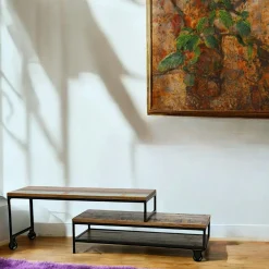 Meubles Tv Industriels|Meubles Tv En Bois|Loft / Loft Colors Meuble TV à roulettes en 2 parties, 2 tiroirs, 1 grand plateau en Hévéa recyclé coloré et métal 100x45x50cm LOFT COLORS