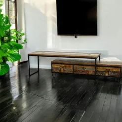 Meubles Tv Industriels|Meubles Tv En Bois|Loft / Loft Colors Meuble TV à roulettes en 2 parties, 2 tiroirs, 1 grand plateau en Hévéa recyclé coloré et métal 100x45x50cm LOFT COLORS