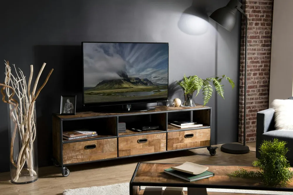 Meubles Tv En Bois|Swing Meuble tv à roulettes teck recyclé