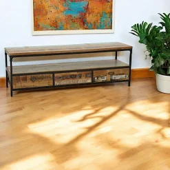 Meubles Tv Industriels|Meubles Tv En Bois|Loft / Loft Colors Meuble TV 3 tiroirs, 1 grande niche ouverte en Hévéa recyclé coloré et métal 150x45x50cm LOFT COLORS