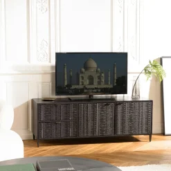 Meubles Tv En Bois|SURATE Meuble TV 2 tiroirs 2 portes motifs sculptés bois noir