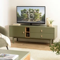 Meubles Tv En Bois|GUILIN Meuble TV 2 tiroirs 1 porte bois vert nature