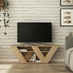 Meubles Tv En Bois|MARFA Meuble TV avec rangement effet bois clair - pied en W