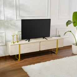 Meubles Tv En Bois|JENA Meuble TV avec rangement - effet travertin, pieds dorés