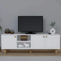 Meubles Tv En Bois|VAREN Meuble TV blanc, 3 portes à cadre et 2 niches