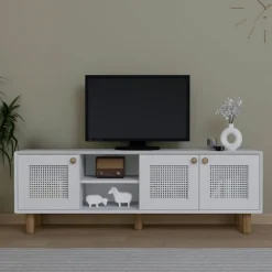 Meubles Tv En Bois|VAREN Meuble TV blanc, 3 portes à cadre et 2 niches