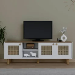 Meubles Tv En Bois|VAREN Meuble TV blanc, 3 portes à cadre et 2 niches