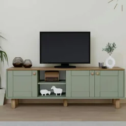 Meubles Tv En Bois|VAREN Meuble TV blanc, 3 portes à cadre et 2 niches