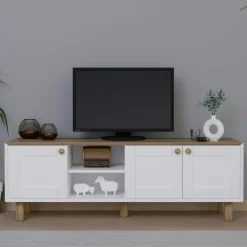 Meubles Tv En Bois|VAREN Meuble TV blanc, 3 portes à cadre plateau effet chêne