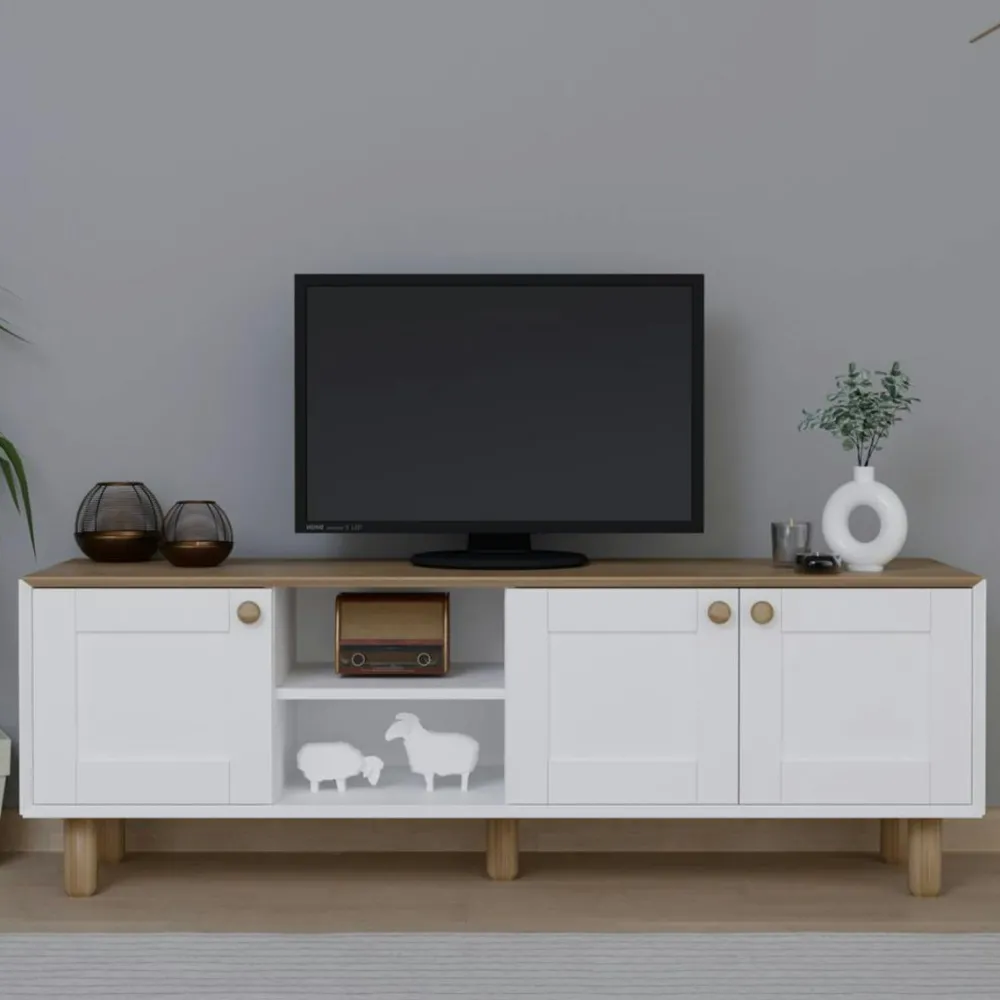 Meubles Tv En Bois|VAREN Meuble TV blanc, 3 portes à cadre plateau effet chêne