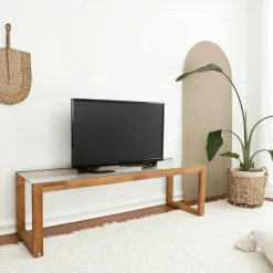 Meubles Tv En Bois|LHASA Meuble TV bois brun et verre - 130 cm, moderne