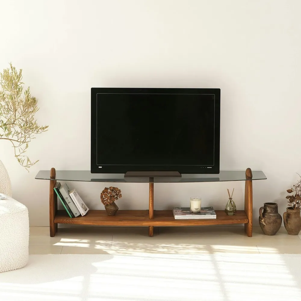 Meubles Tv En Bois|ANZIO Meuble TV bois brun et verre fumé - 2 niches, vintage