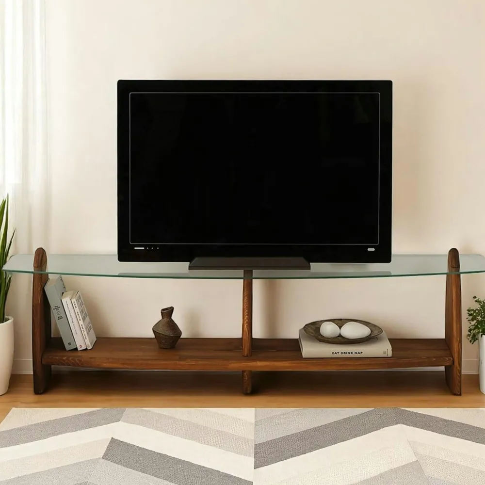 Meubles Tv En Bois|ANZIO Meuble TV bois brun et verre fumé - 2 niches, vintage