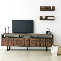 Meubles Tv En Bois|JACA Meuble TV bois brun motif graphique avec 2 étagères