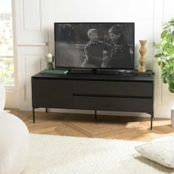 Meubles Tv En Bois|MAYENCE Meuble TV contemporain bois couleur noire 1 porte 2 tiroirs
