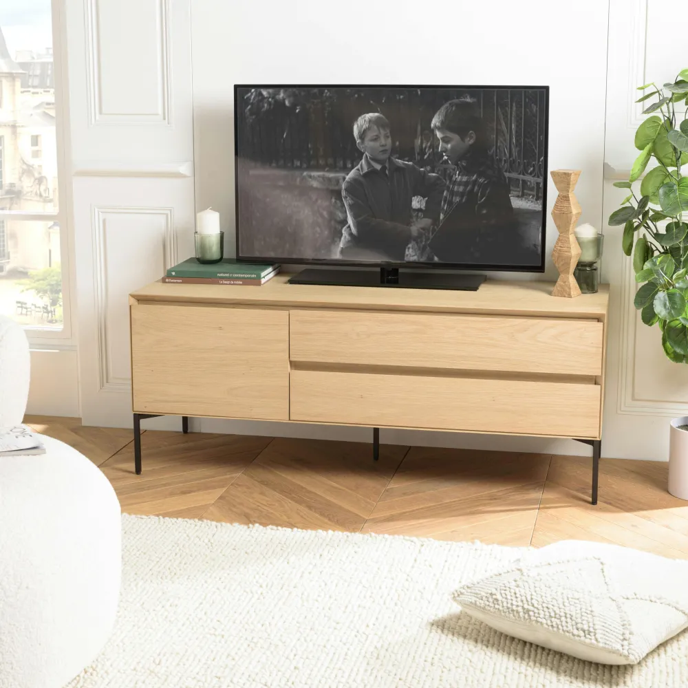 Meubles Tv En Bois|MAYENCE Meuble TV contemporain bois couleur naturelle 1 porte 2 tiroirs