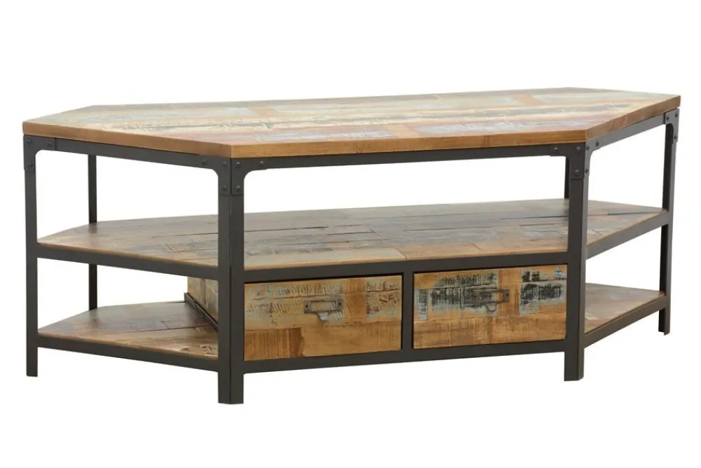 Meubles Tv Industriels|Meubles Tv En Bois|Loft / Loft Colors Meuble TV d'angle 2 tiroirs, 3 niches ouvertes dont une grande en Hévéa recyclé coloré et métal 134x50x50cm LOFT COLORS