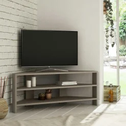 Meubles Tv En Bois|MARFA Meuble TV d'angle blanc - rangements ouverts