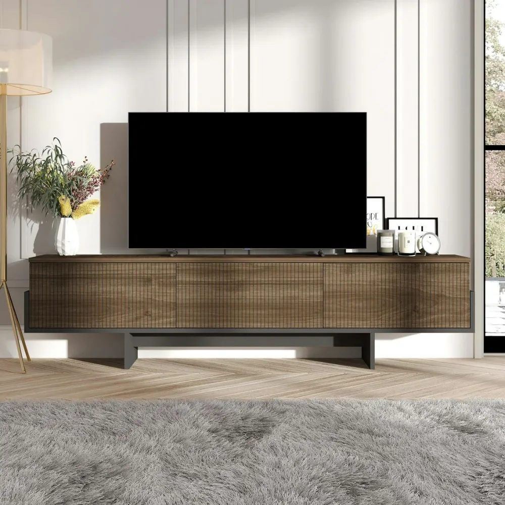 Meubles Tv En Bois|MARFA Meuble TV design 3 portes striées effet noyer cadre noir