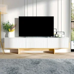 Meubles Tv En Bois|MARFA Meuble TV design 3 portes striées effet noyer cadre noir