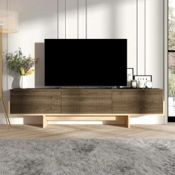 Meubles Tv En Bois|MARFA Meuble TV design 3 portes striées effet noyer cadre noir