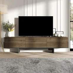 Meubles Tv En Bois|MARFA Meuble TV design blanc 3 portes striées et cadre clair